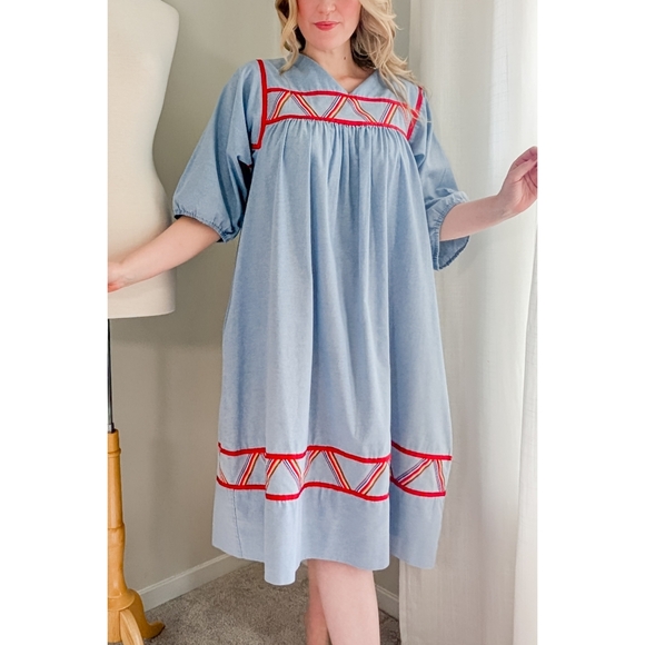 70s Blue Krist Gudnason for Rainbow Trim Cotton 1970s Vintage Midi Shift Dress - Picture 9 of 15